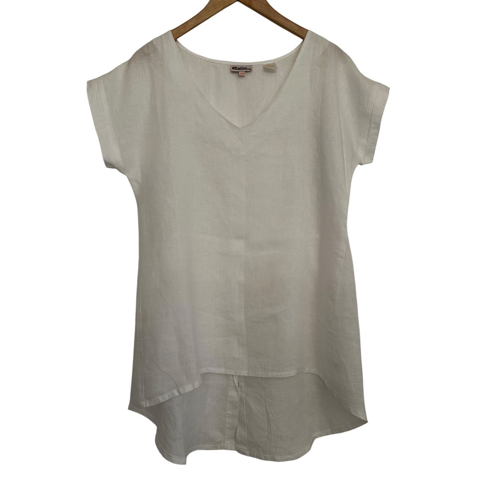 White 100% Linen V-Neck Tunic Top Back Button High Low Hem Womens S/M Lagenlook